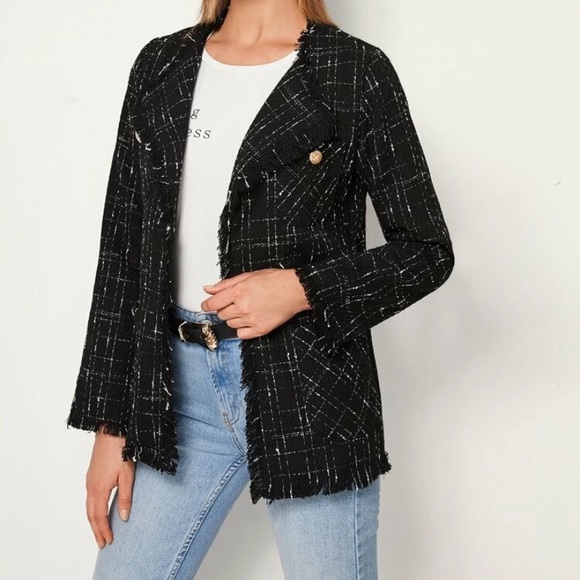 NWOT Button detail Plaid Fringe Edge Tweet Jacket - Picture 3 of 11